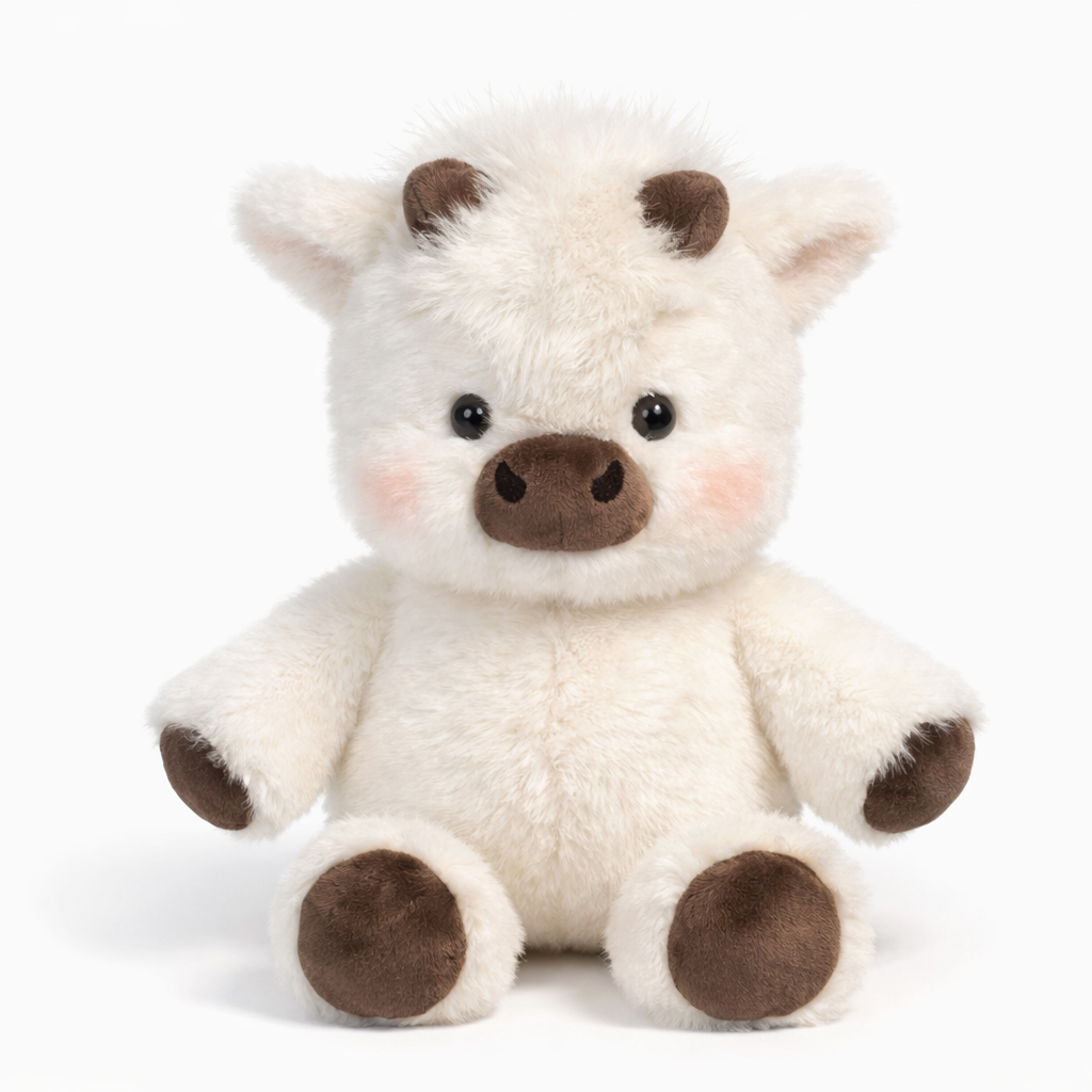 Mootion running cow plush in White, seated front view on a white background