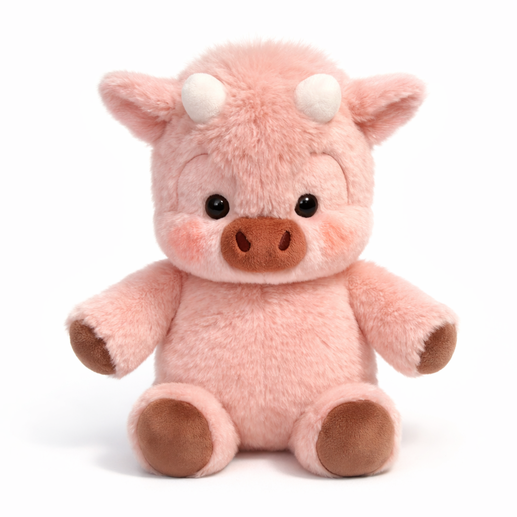 Mootion running cow plush in Pink, seated front view on a white background