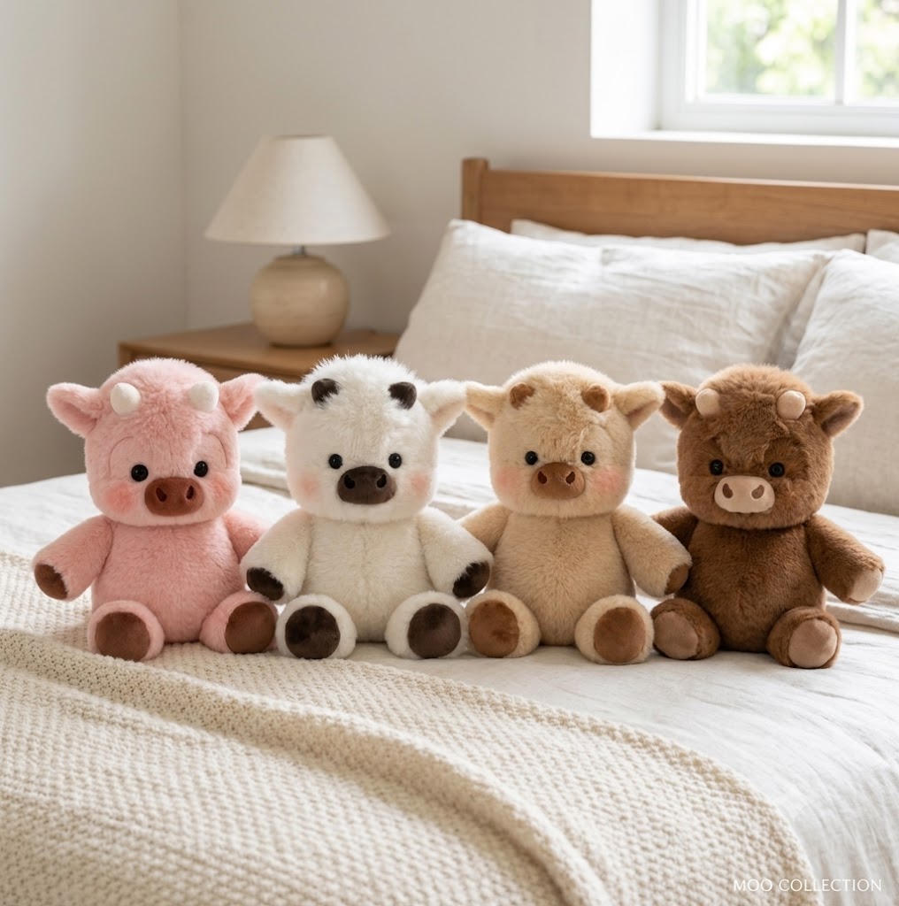 All four Mootion cow plush colours on a bed: pink, white, cream and brown