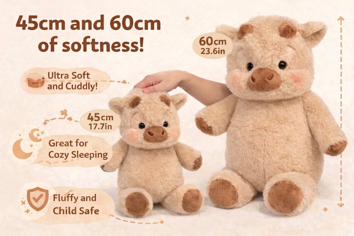 Size comparison: 45 cm / 17.7 in and 60 cm / 23.6 in Mootion cow plush side by side with a hand for scale